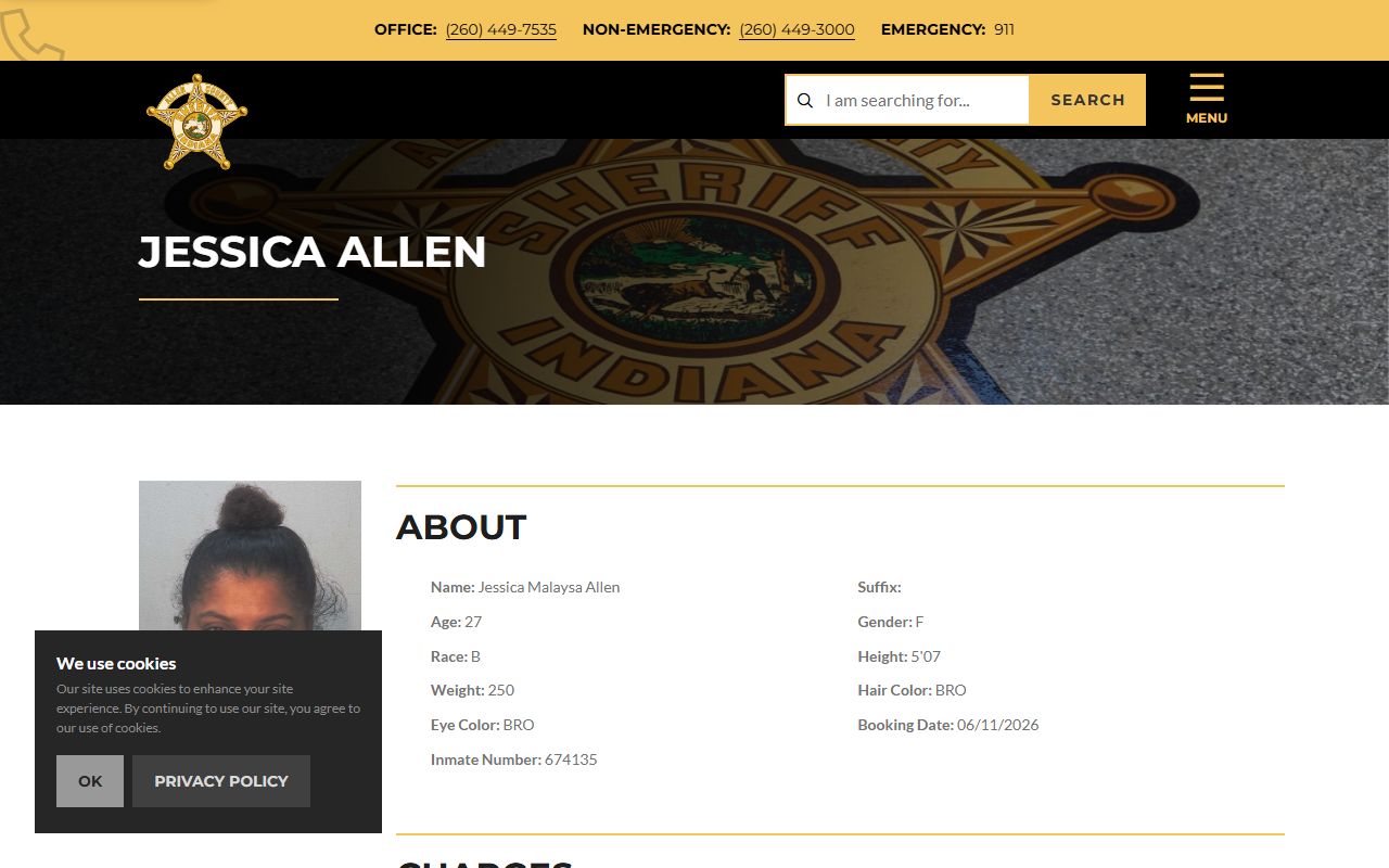 Allen County inmate population sample inmate profile fields
