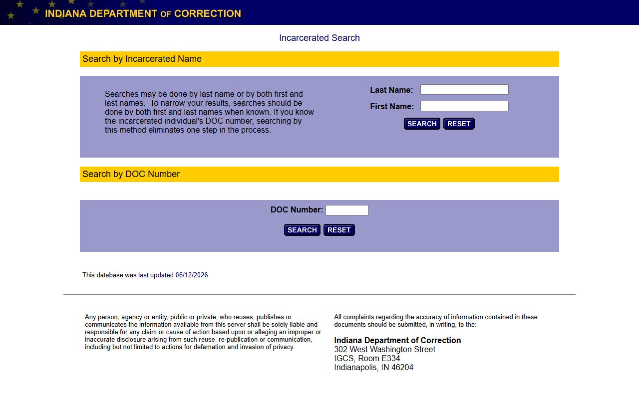 Allen County inmate records state prison lookup through the Indiana DOC locator